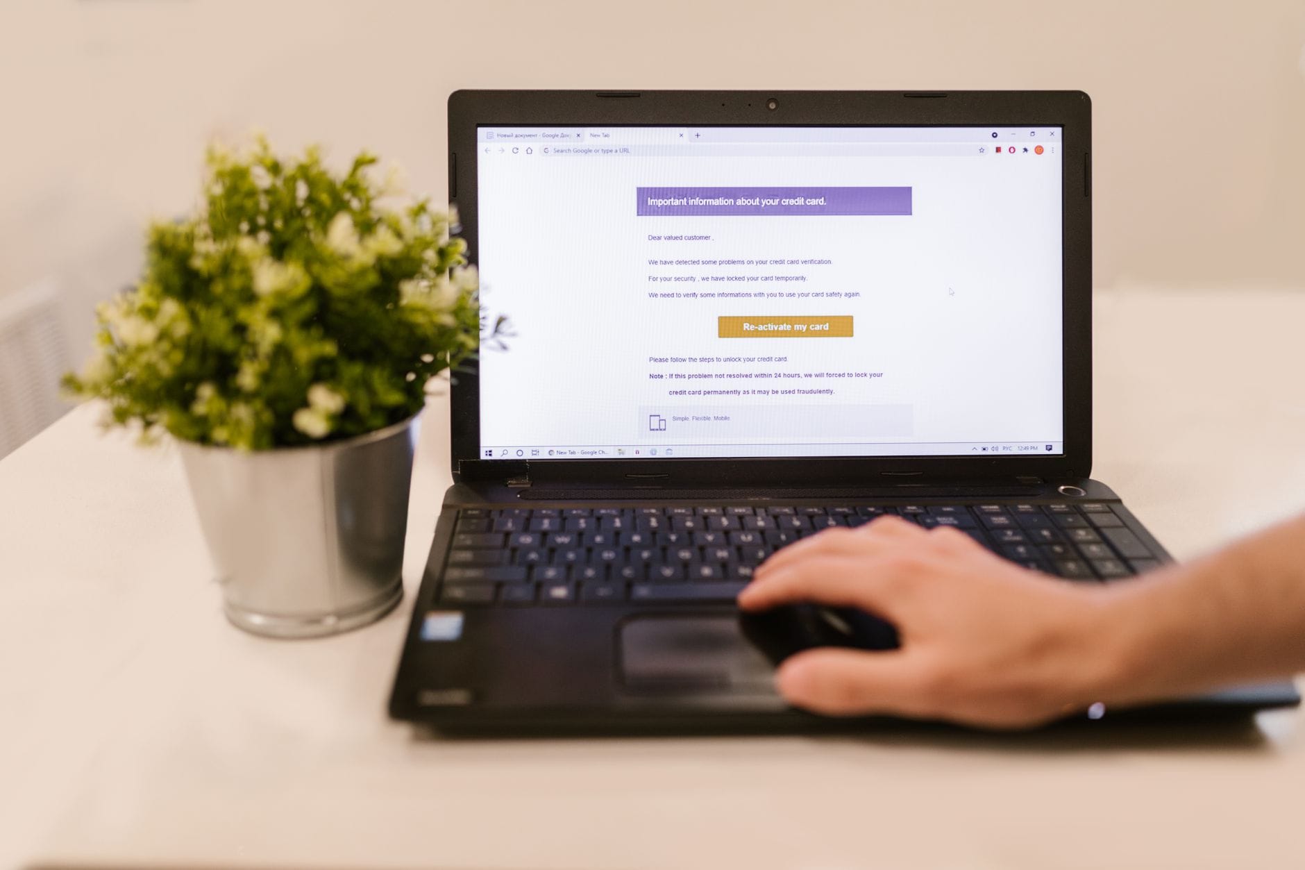 Osoba czytająca e-mail na laptopie obok doniczki w domu
